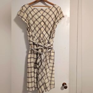 eShakti Plaid Cream and Gray Dress with Attached Sash Tie EUC